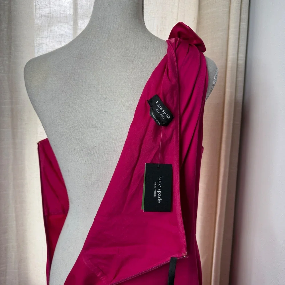 NWT Kate Spade Poplin One Shoulder Sabrina Dress Bow Midi Pink Rosa Plum Size 10